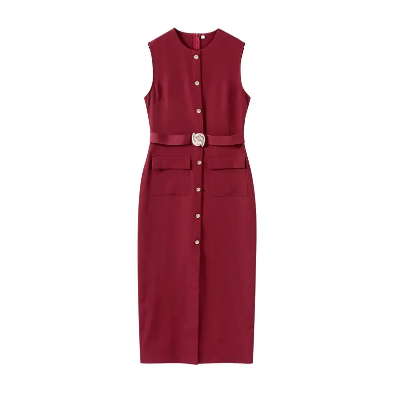 Elegant Black With Belt Women Dress O-neck Sleeveless Single Breasted Slim Female Maxi Dresses 2025 Summer New Chic Lady Robe2025 Summer New Chic Lady Robe,Elegant Black With Belt Women Dress,O-neck Sleeveless,Single Breasted Slim Female Maxi Dresses
