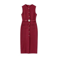 Elegant Black With Belt Women Dress O-neck Sleeveless Single Breasted Slim Female Maxi Dresses
