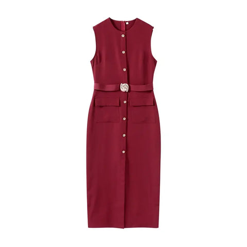 Elegant Black With Belt Women Dress O-neck Sleeveless Single Breasted Slim Female Maxi Dresses 2025 Summer New Chic Lady Robe2025 Summer New Chic Lady Robe,Elegant Black With Belt Women Dress,O-neck Sleeveless,Single Breasted Slim Female Maxi Dresses