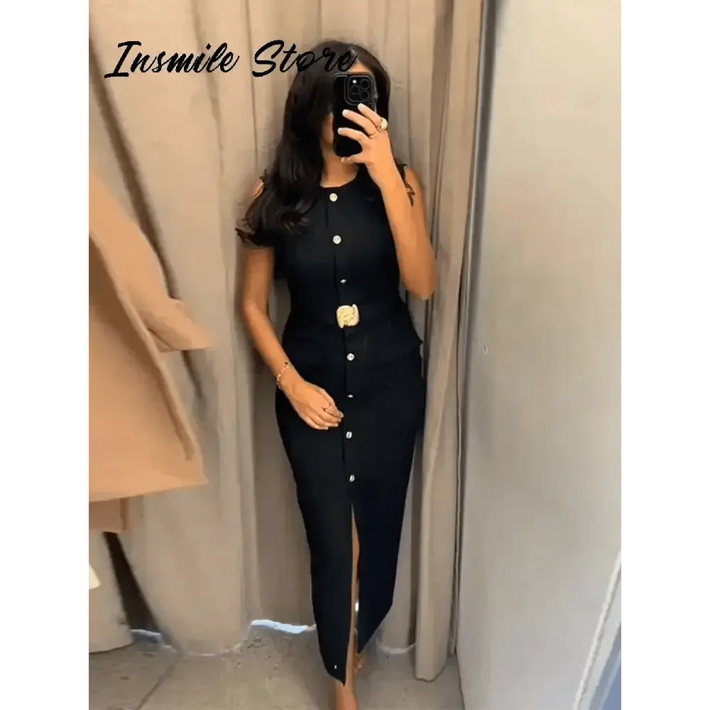 Elegant Black With Belt Women Dress O-neck Sleeveless Single Breasted Slim Female Maxi Dresses 2025 Summer New Chic Lady Robe - GiFTiFY