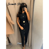 Elegant Black With Belt Women Dress O-neck Sleeveless Single Breasted Slim Female Maxi Dresses 2025 Summer New Chic Lady Robe - GiFTiFY