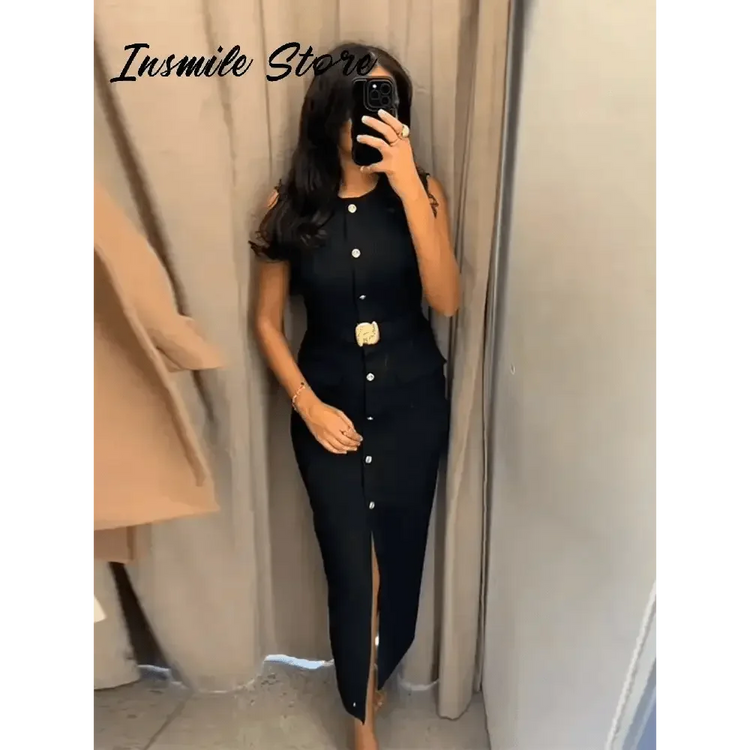 Elegant Black With Belt Women Dress O-neck Sleeveless Single Breasted Slim Female Maxi Dresses 2025 Summer New Chic Lady Robe - GiFTiFY