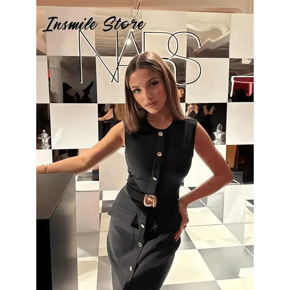 Elegant Black With Belt Women Dress O-neck Sleeveless Single Breasted Slim Female Maxi Dresses 2025 Summer New Chic Lady Robe - GiFTiFY