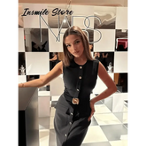 Elegant Black With Belt Women Dress O-neck Sleeveless Single Breasted Slim Female Maxi Dresses 2025 Summer New Chic Lady Robe - GiFTiFY