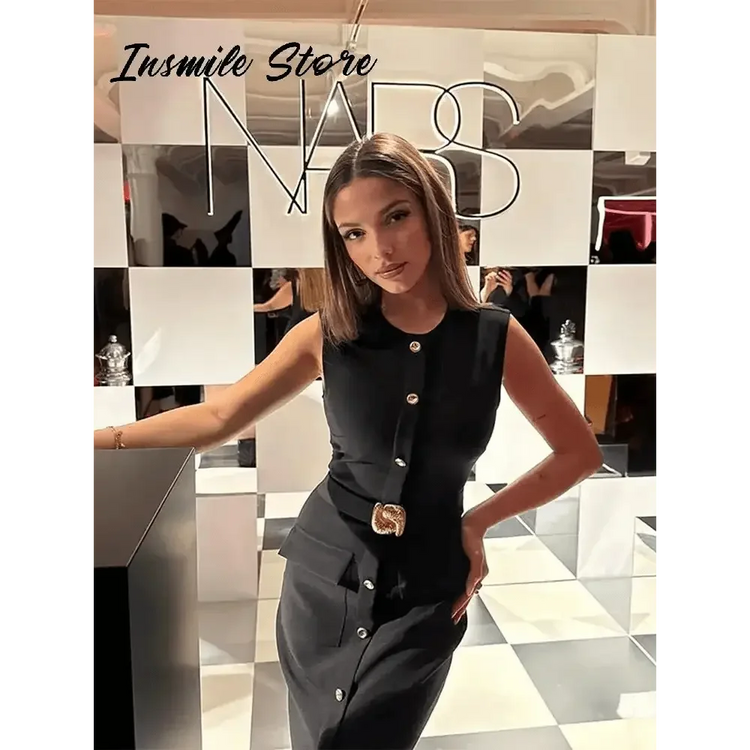 Elegant Black With Belt Women Dress O-neck Sleeveless Single Breasted Slim Female Maxi Dresses 2025 Summer New Chic Lady Robe - GiFTiFY