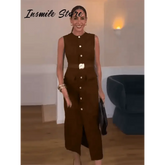 Elegant Black With Belt Women Dress O-neck Sleeveless Single Breasted Slim Female Maxi Dresses 2025 Summer New Chic Lady Robe - GiFTiFY