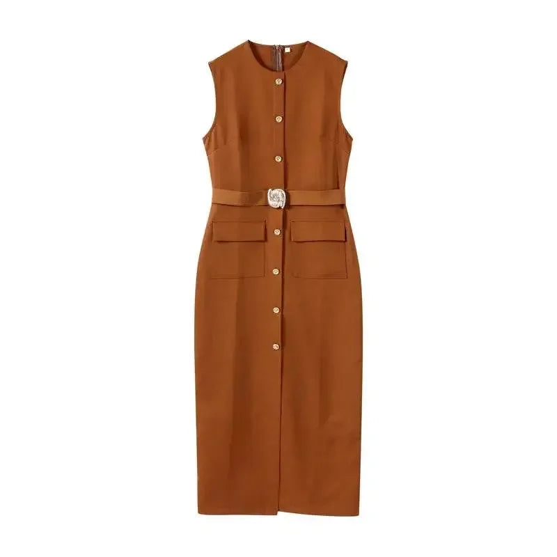 Elegant Black With Belt Women Dress O-neck Sleeveless Single Breasted Slim Female Maxi Dresses 2025 Summer New Chic Lady Robe - GiFTiFY