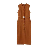 Elegant Black With Belt Women Dress O-neck Sleeveless Single Breasted Slim Female Maxi Dresses 2025 Summer New Chic Lady Robe - GiFTiFY