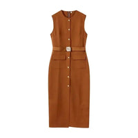 Elegant Black With Belt Women Dress O-neck Sleeveless Single Breasted Slim Female Maxi Dresses