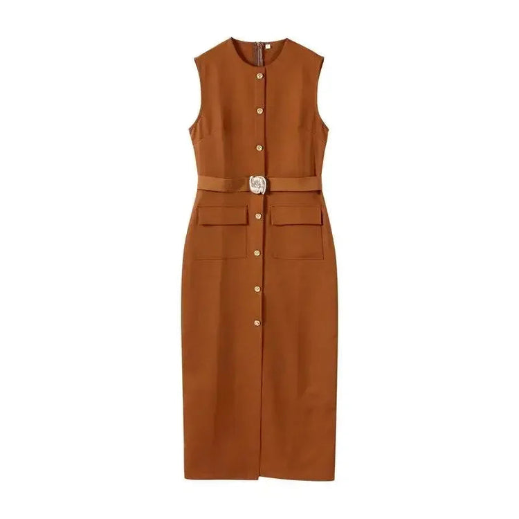 Elegant Black With Belt Women Dress O-neck Sleeveless Single Breasted Slim Female Maxi Dresses 2025 Summer New Chic Lady Robe - GiFTiFY