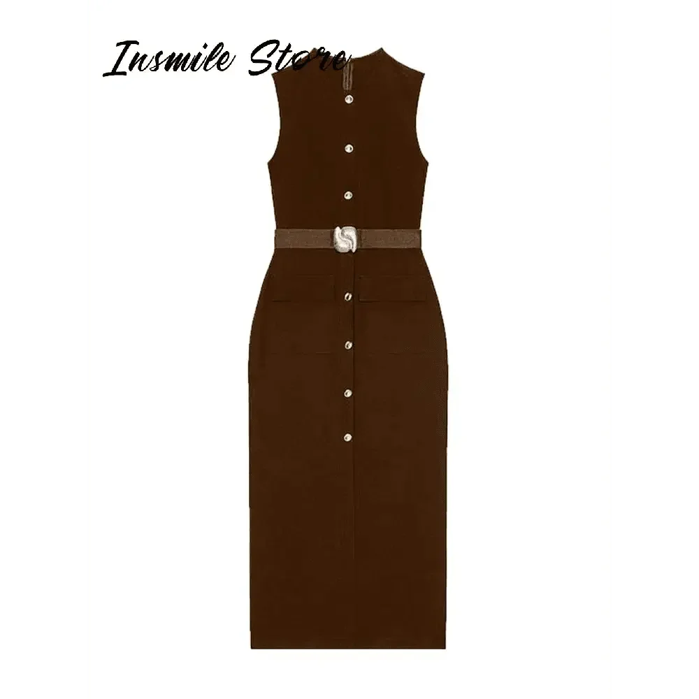 Elegant Black With Belt Women Dress O-neck Sleeveless Single Breasted Slim Female Maxi Dresses 2025 Summer New Chic Lady Robe - GiFTiFY