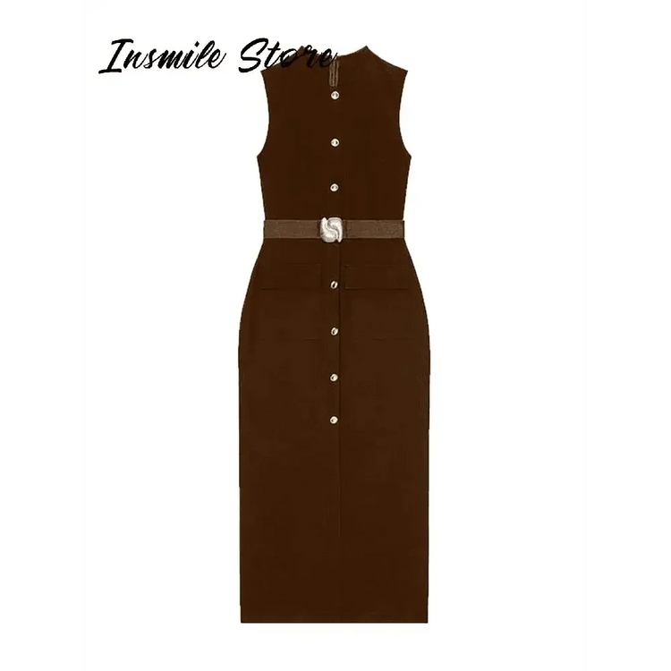 Elegant Black With Belt Women Dress O-neck Sleeveless Single Breasted Slim Female Maxi Dresses 2025 Summer New Chic Lady Robe - GiFTiFY