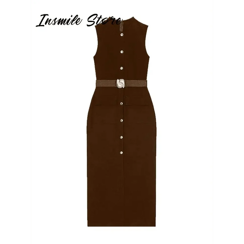 Elegant Black With Belt Women Dress O-neck Sleeveless Single Breasted Slim Female Maxi Dresses 2025 Summer New Chic Lady Robe women's dresses by Dropshee