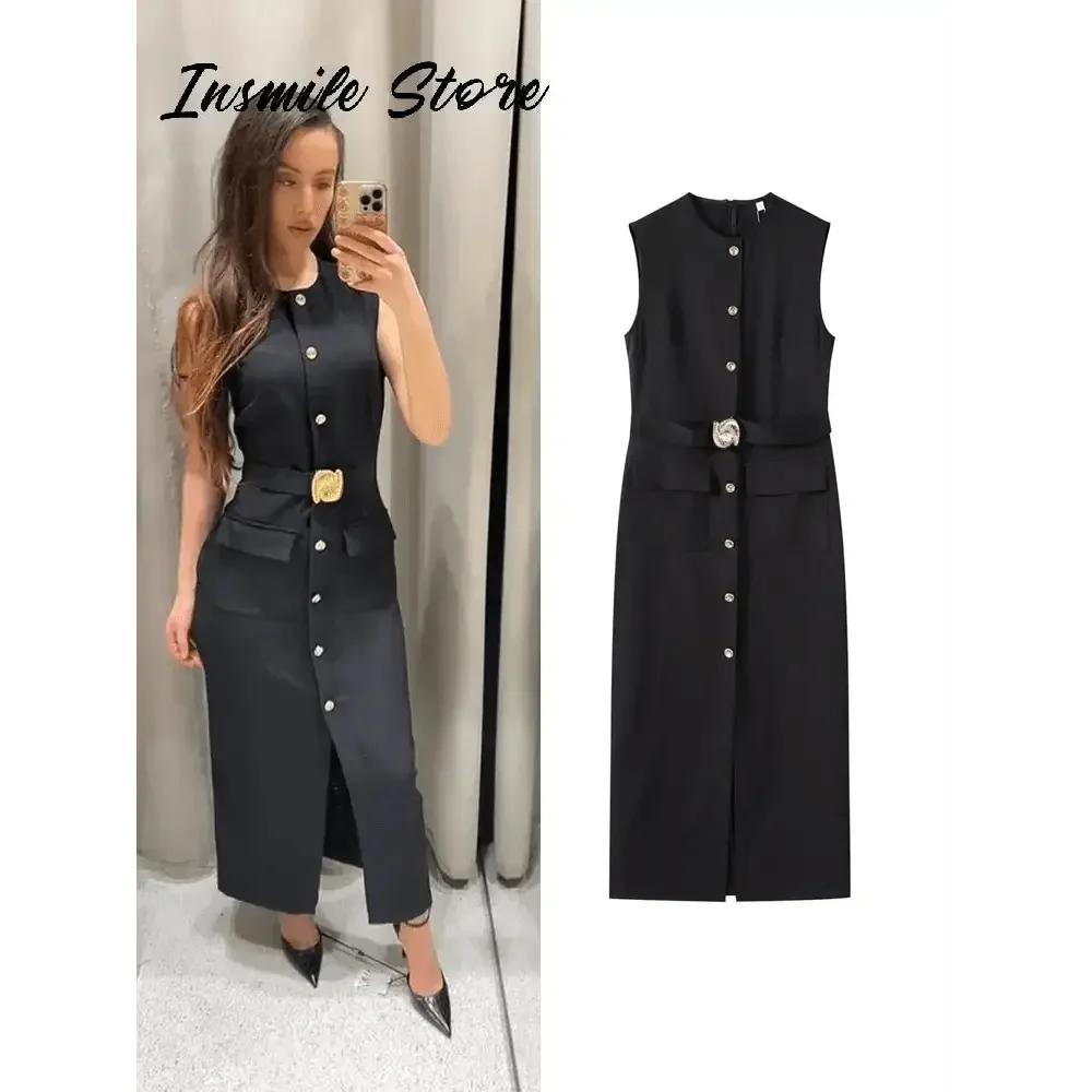 Elegant Black With Belt Women Dress O-neck Sleeveless Single Breasted Slim Female Maxi Dresses 2025 Summer New Chic Lady Robe - GiFTiFY