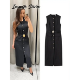 Elegant Black With Belt Women Dress O-neck Sleeveless Single Breasted Slim Female Maxi Dresses 2025 Summer New Chic Lady Robe - GiFTiFY