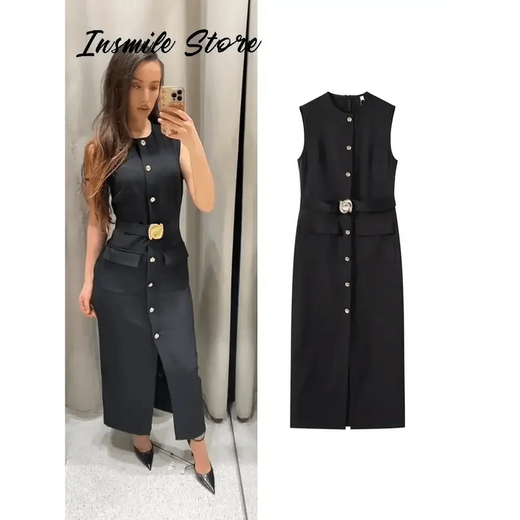 Elegant Black With Belt Women Dress O-neck Sleeveless Single Breasted Slim Female Maxi Dresses 2025 Summer New Chic Lady Robe - GiFTiFY