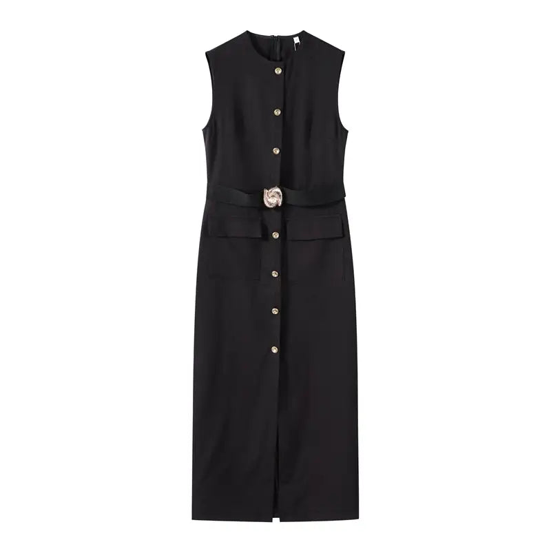 Elegant Black With Belt Women Dress O-neck Sleeveless Single Breasted Slim Female Maxi Dresses 2025 Summer New Chic Lady Robe2025 Summer New Chic Lady Robe,Elegant Black With Belt Women Dress,O-neck Sleeveless,Single Breasted Slim Female Maxi Dresses