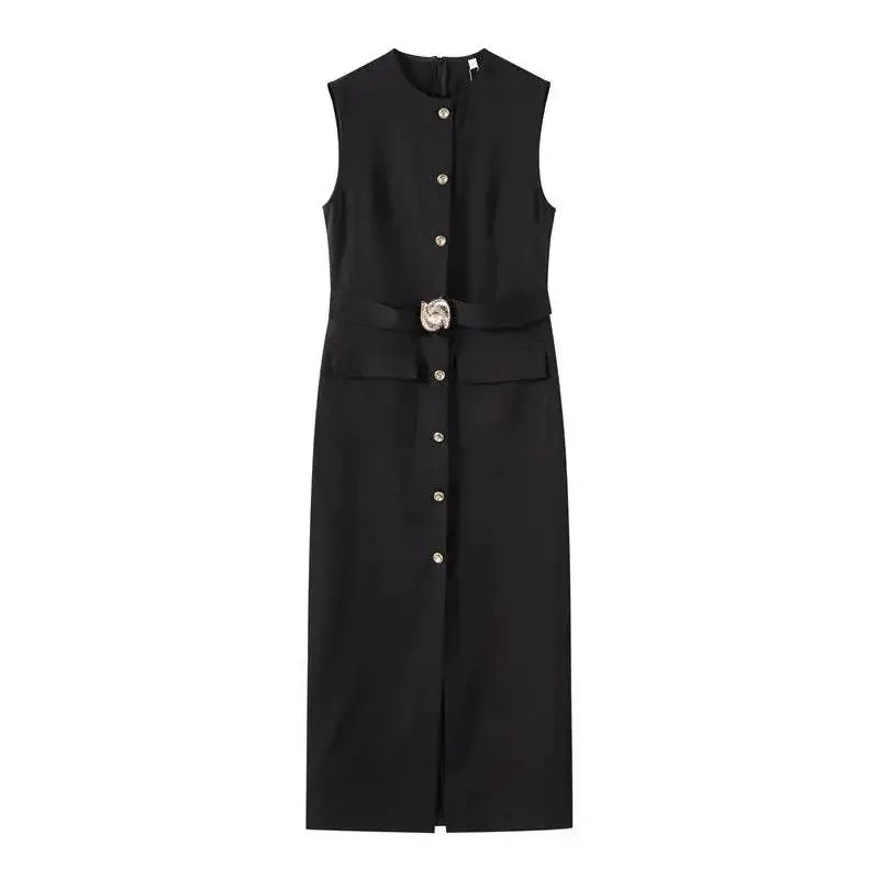 Elegant Black With Belt Women Dress O-neck Sleeveless Single Breasted Slim Female Maxi Dresses 2025 Summer New Chic Lady Robe - GiFTiFY