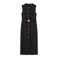 Elegant Black With Belt Women Dress O-neck Sleeveless Single Breasted Slim Female Maxi Dresses