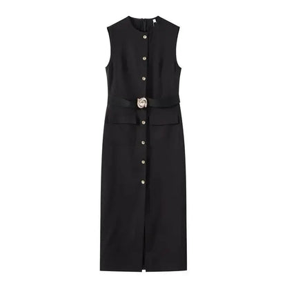 Elegant Black With Belt Women Dress O-neck Sleeveless Single Breasted Slim Female Maxi Dresses 2025 Summer New Chic Lady Robe - GiFTiFY