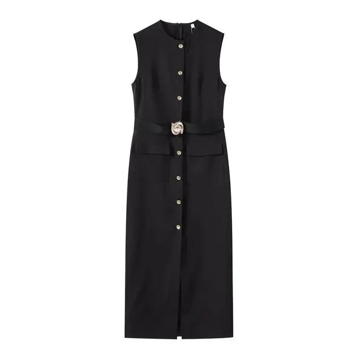 Elegant Black With Belt Women Dress O-neck Sleeveless Single Breasted Slim Female Maxi Dresses 2025 Summer New Chic Lady Robe - GiFTiFY