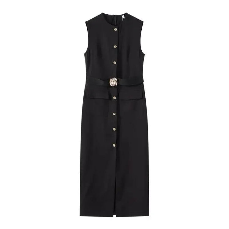 Elegant Black With Belt Women Dress O-neck Sleeveless Single Breasted Slim Female Maxi Dresses 2025 Summer New Chic Lady Robe - GiFTiFY