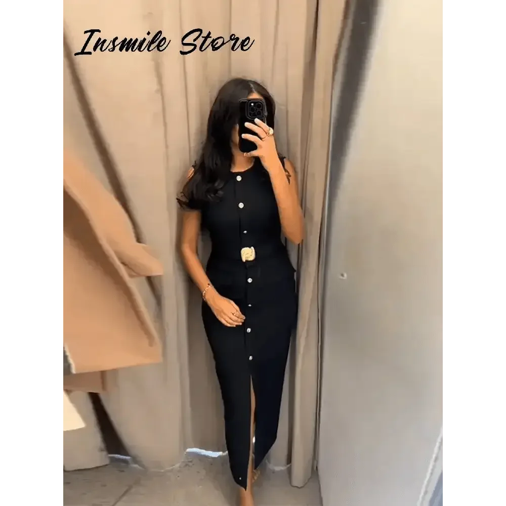 Elegant Black With Belt Women Dress O-neck Sleeveless Single Breasted Slim Female Maxi Dresses 2025 Summer New Chic Lady Robe - GiFTiFY