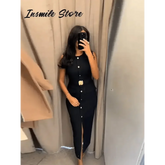 Elegant Black With Belt Women Dress O-neck Sleeveless Single Breasted Slim Female Maxi Dresses 2025 Summer New Chic Lady Robe - GiFTiFY