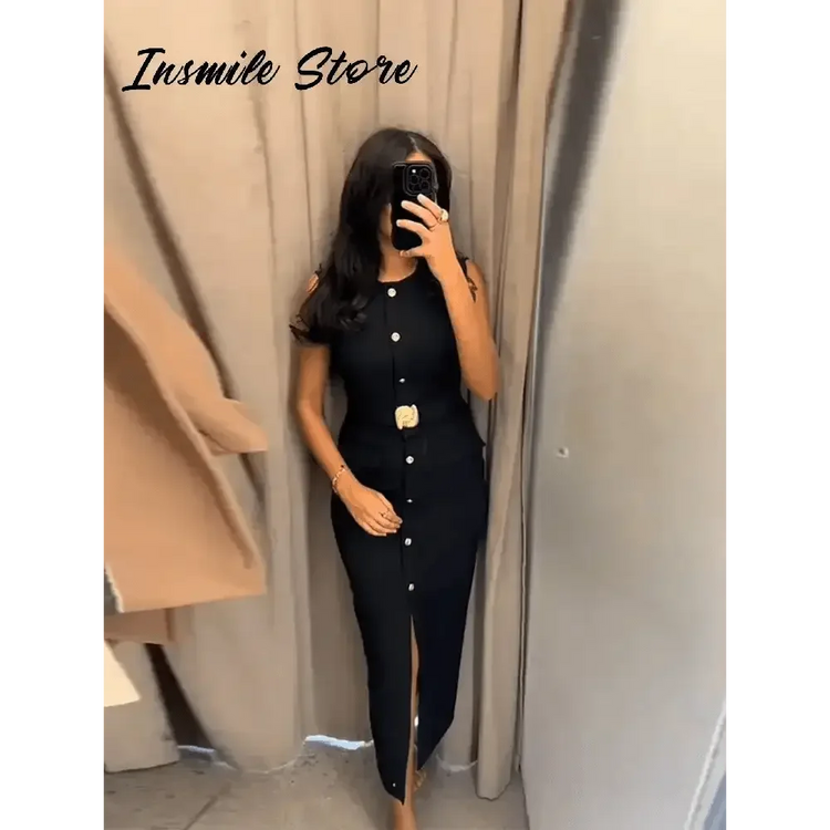 Elegant Black With Belt Women Dress O-neck Sleeveless Single Breasted Slim Female Maxi Dresses 2025 Summer New Chic Lady Robe - GiFTiFY