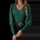 Elegant Rib V-neck Sleeve Chiffon Stitching Long Sleeve T-shirt Slimming Top - GiFTiFY