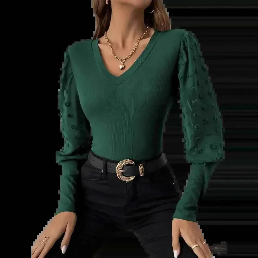 Elegant Rib V-neck Sleeve Chiffon Stitching Long Sleeve T-shirt Slimming Top - GiFTiFY