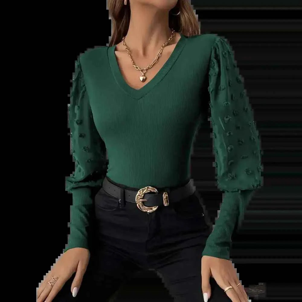 Elegant Rib V-neck Sleeve Chiffon Stitching Long Sleeve T-shirt Slimming Top