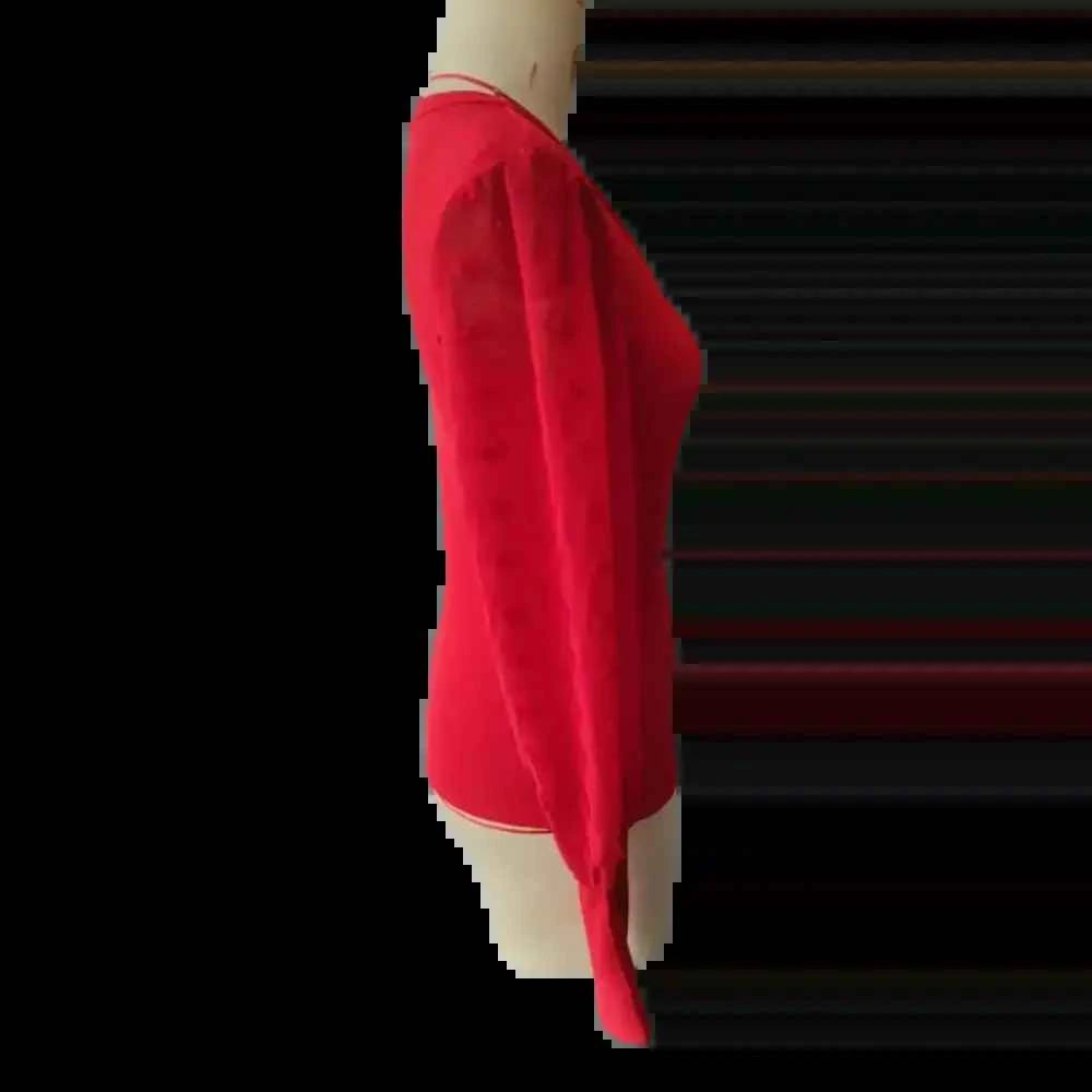 Elegant Rib V-neck Sleeve Chiffon Stitching Long Sleeve T-shirt Slimming Top