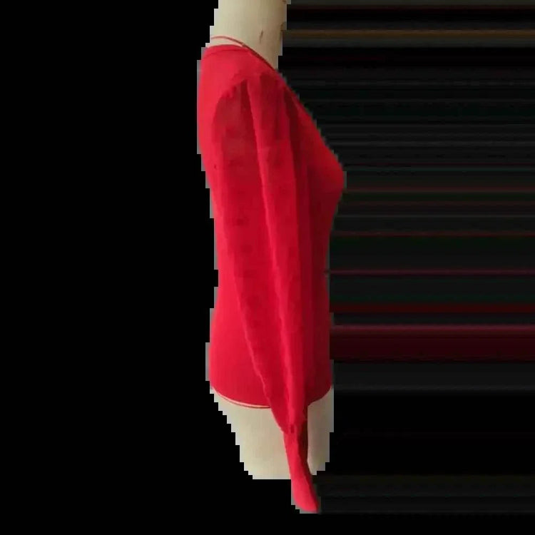 Elegant Rib V-neck Sleeve Chiffon Stitching Long Sleeve T-shirt Slimming Top - GiFTiFY