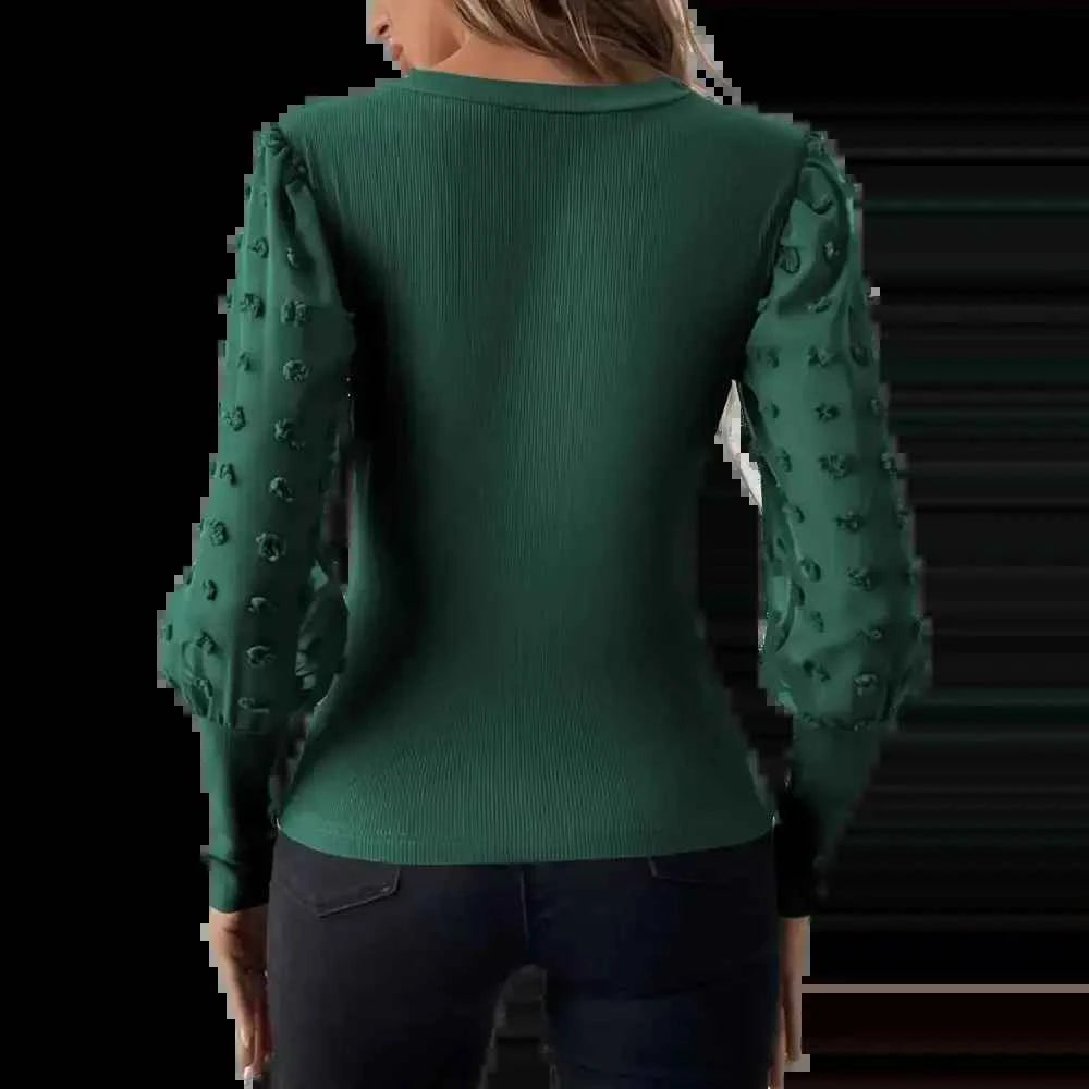 Elegant Rib V-neck Sleeve Chiffon Stitching Long Sleeve T-shirt Slimming Top