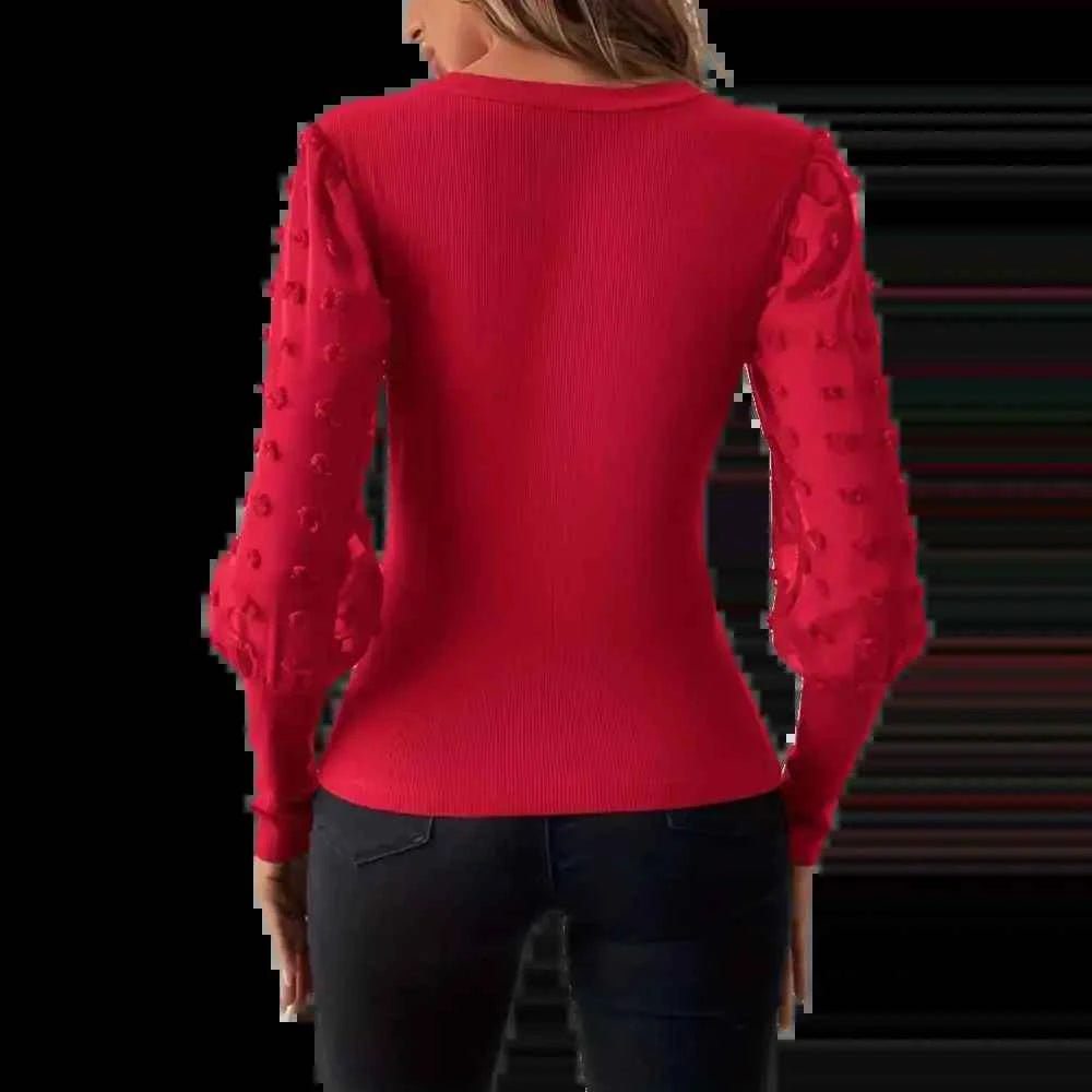 Elegant Rib V-neck Sleeve Chiffon Stitching Long Sleeve T-shirt Slimming Top