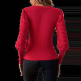 Elegant Rib V-neck Sleeve Chiffon Stitching Long Sleeve T-shirt Slimming Top - GiFTiFY