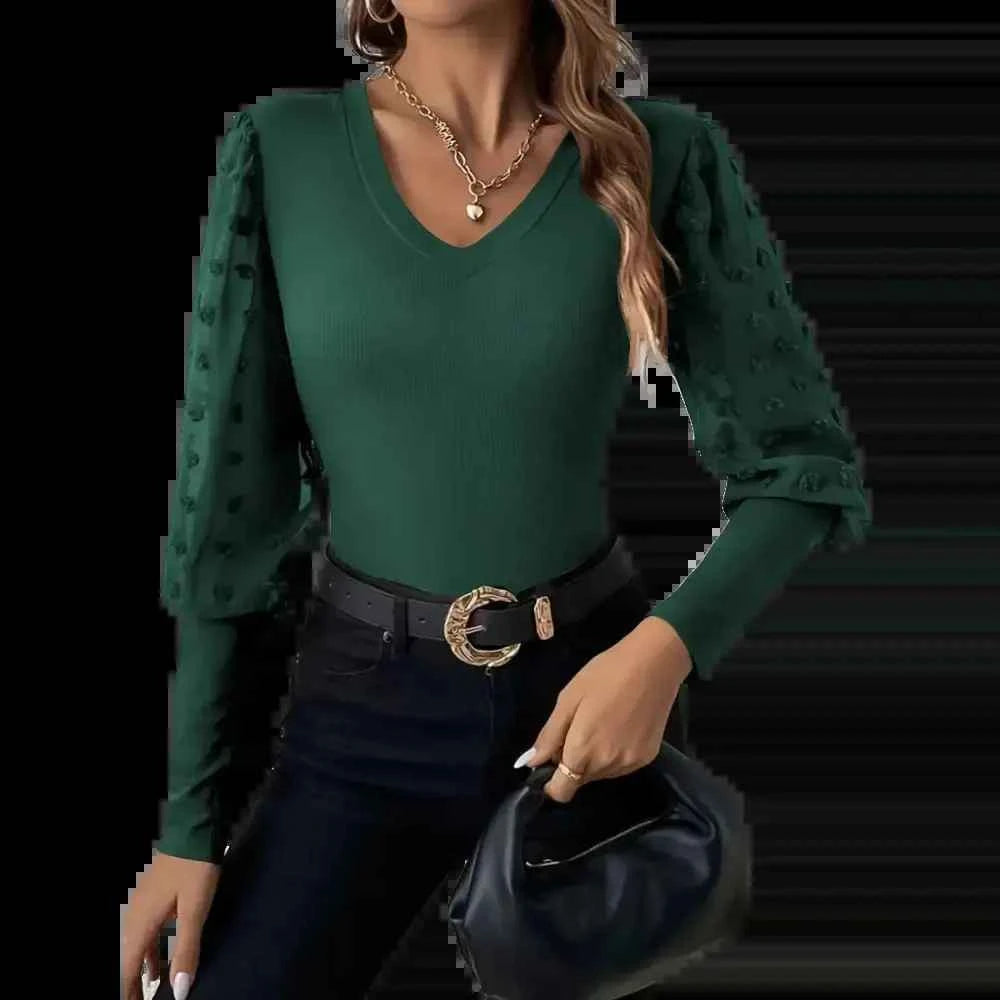 Elegant Rib V-neck Sleeve Chiffon Stitching Long Sleeve T-shirt Slimming Top