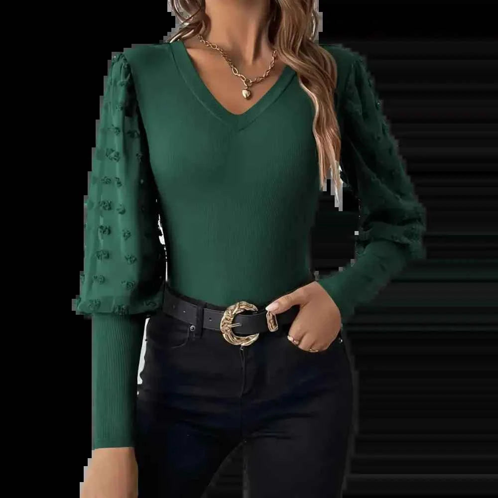 Elegant Rib V-neck Sleeve Chiffon Stitching Long Sleeve T-shirt Slimming Top