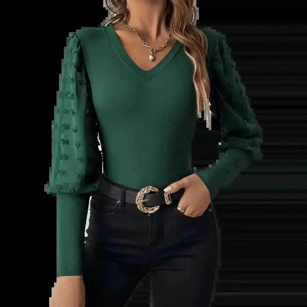 Elegant Rib V-neck Sleeve Chiffon Stitching Long Sleeve T-shirt Slimming Top - GiFTiFY
