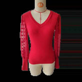 Elegant Rib V-neck Sleeve Chiffon Stitching Long Sleeve T-shirt Slimming Top - GiFTiFY