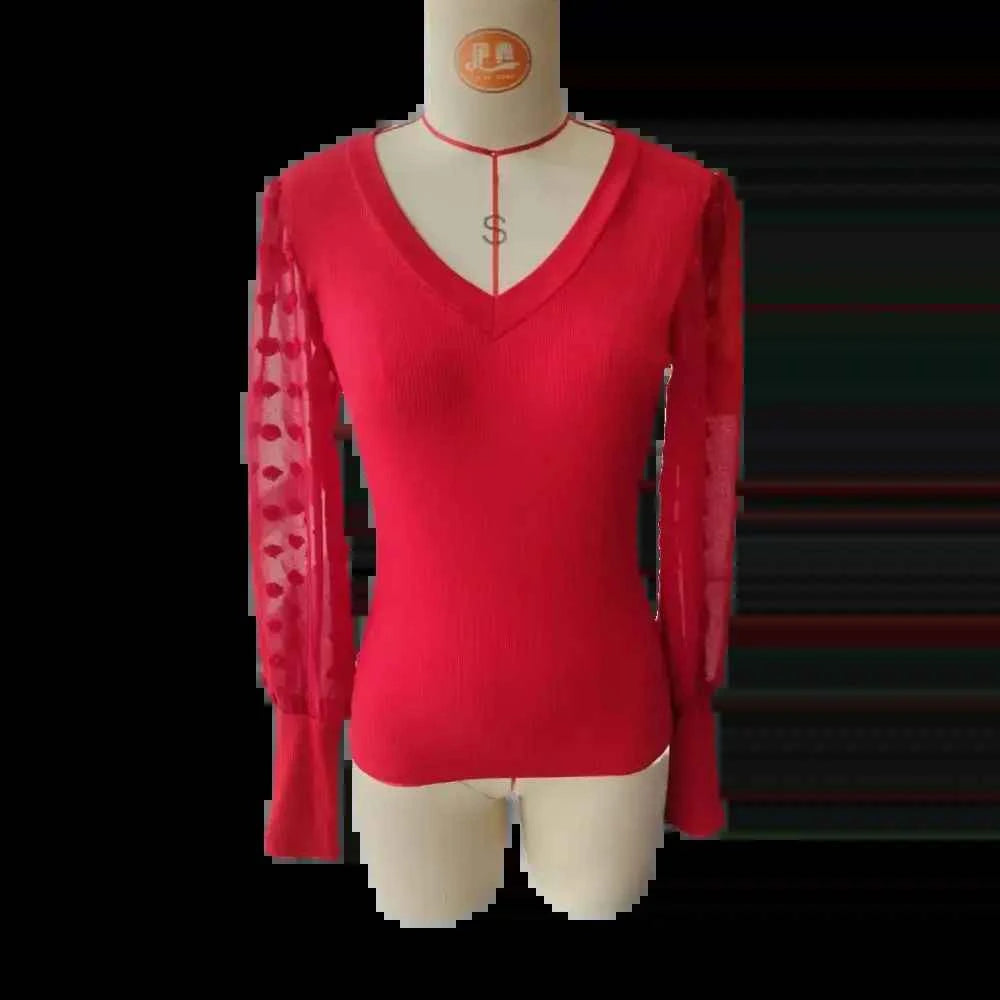 Elegant Rib V-neck Sleeve Chiffon Stitching Long Sleeve T-shirt Slimming Top