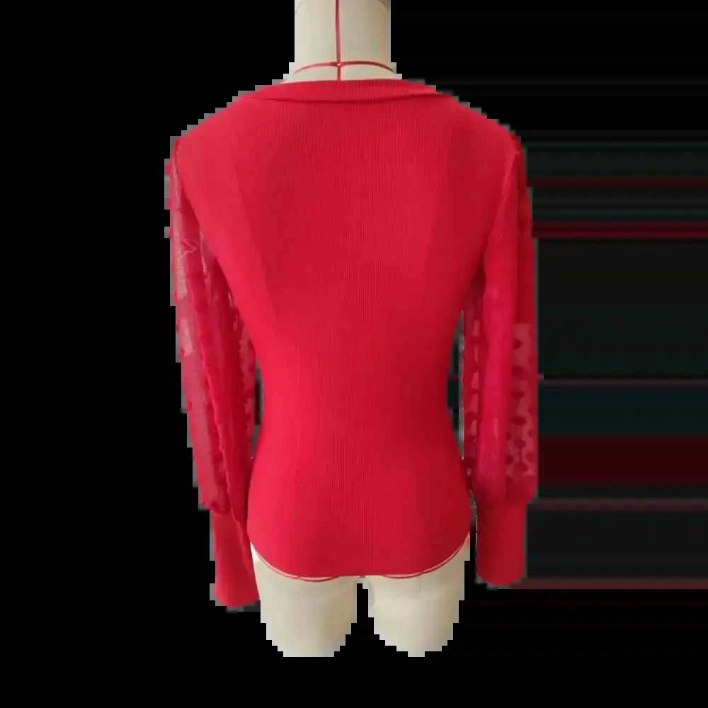 Elegant Rib V-neck Sleeve Chiffon Stitching Long Sleeve T-shirt Slimming Top