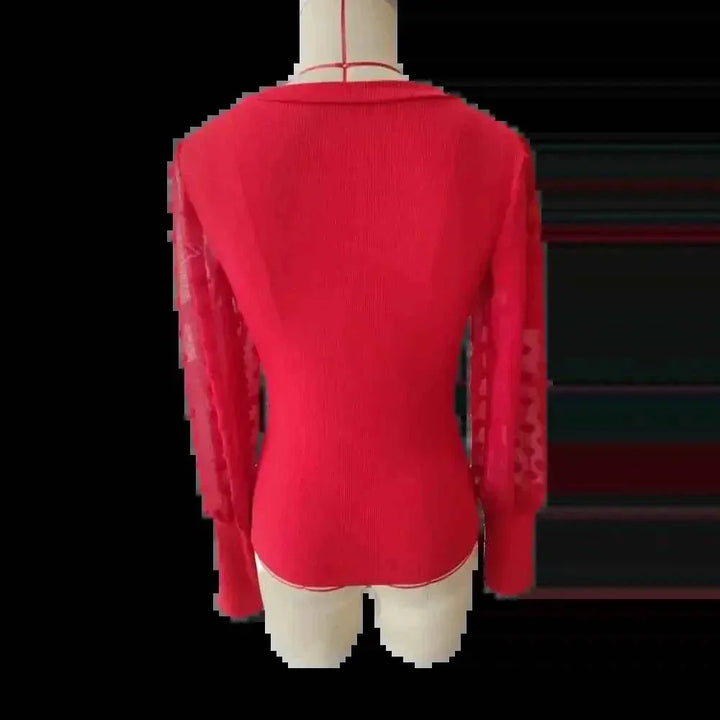 Elegant Rib V-neck Sleeve Chiffon Stitching Long Sleeve T-shirt Slimming Top - GiFTiFY