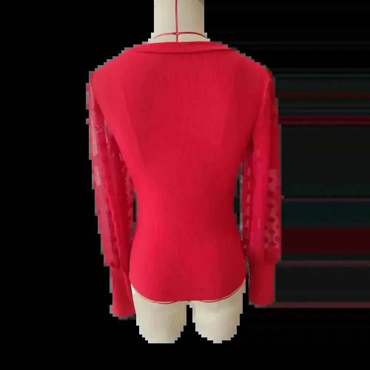 Elegant Rib V-neck Sleeve Chiffon Stitching Long Sleeve T-shirt Slimming Top - GiFTiFY