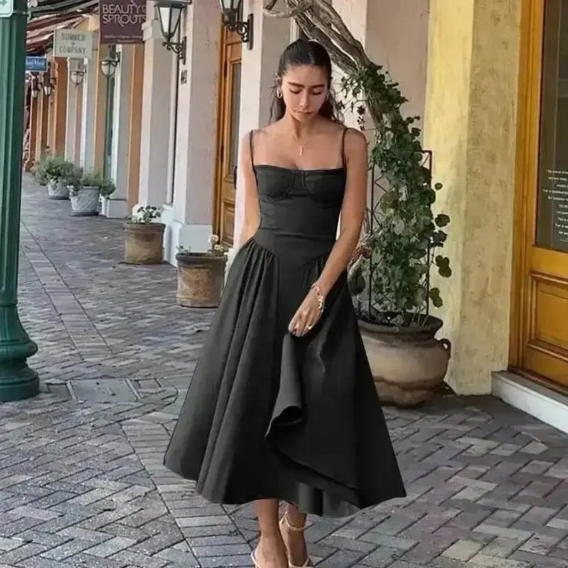 Elegant Spaghetti Strap Midi Dress Women Party Slim A Line Solid Suspender Lady Dresses New Spring Summer Fashion Sexy Vestidos women's dresses by DSERS