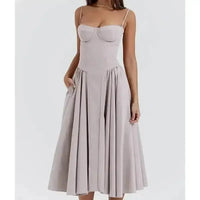 Elegant Spaghetti Strap Midi Dress Women Party Slim A Line Solid Suspender Lady Dresses New