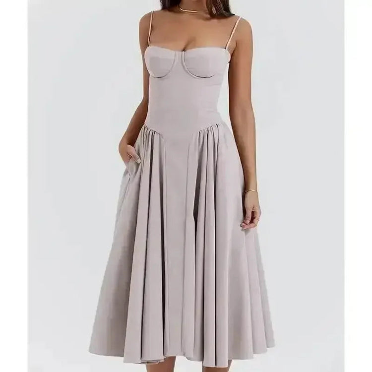 Elegant Spaghetti Strap Midi Dress Women Party Slim A Line Solid Suspender Lady Dresses New Spring Summer Fashion Sexy Vestidos - GiFTiFY
