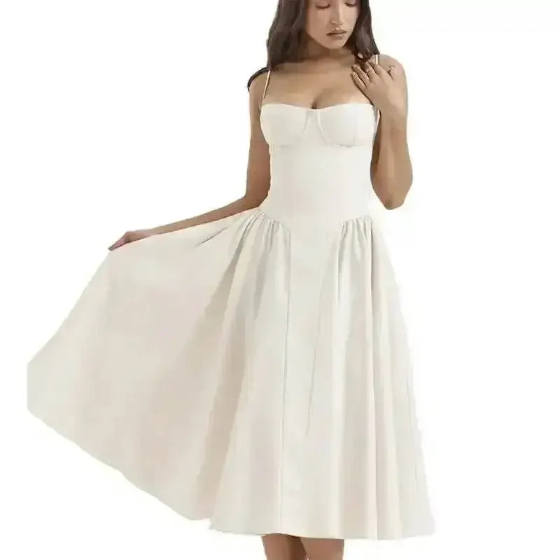 Elegant Spaghetti Strap Midi Dress Women Party Slim A Line Solid Suspender Lady Dresses New Spring Summer Fashion Sexy Vestidos - GiFTiFY