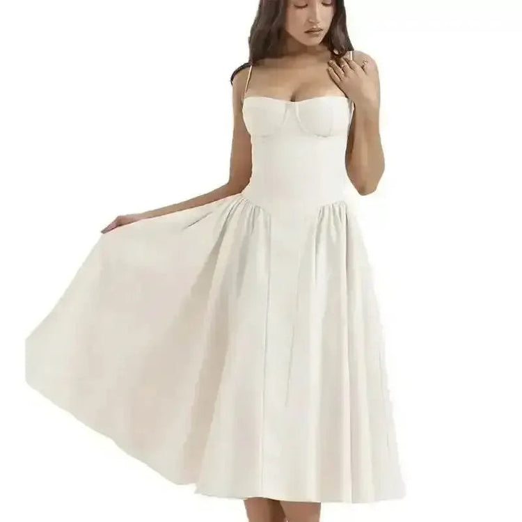 Elegant Spaghetti Strap Midi Dress Women Party Slim A Line Solid Suspender Lady Dresses New Spring Summer Fashion Sexy Vestidos - GiFTiFY